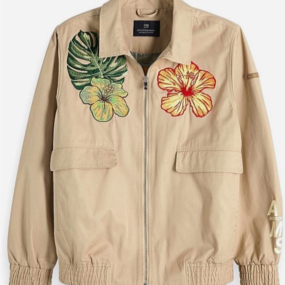 Scotch & Soda Tan Bomber Jacket with Tropical Embroidery - Picture 1 of 3